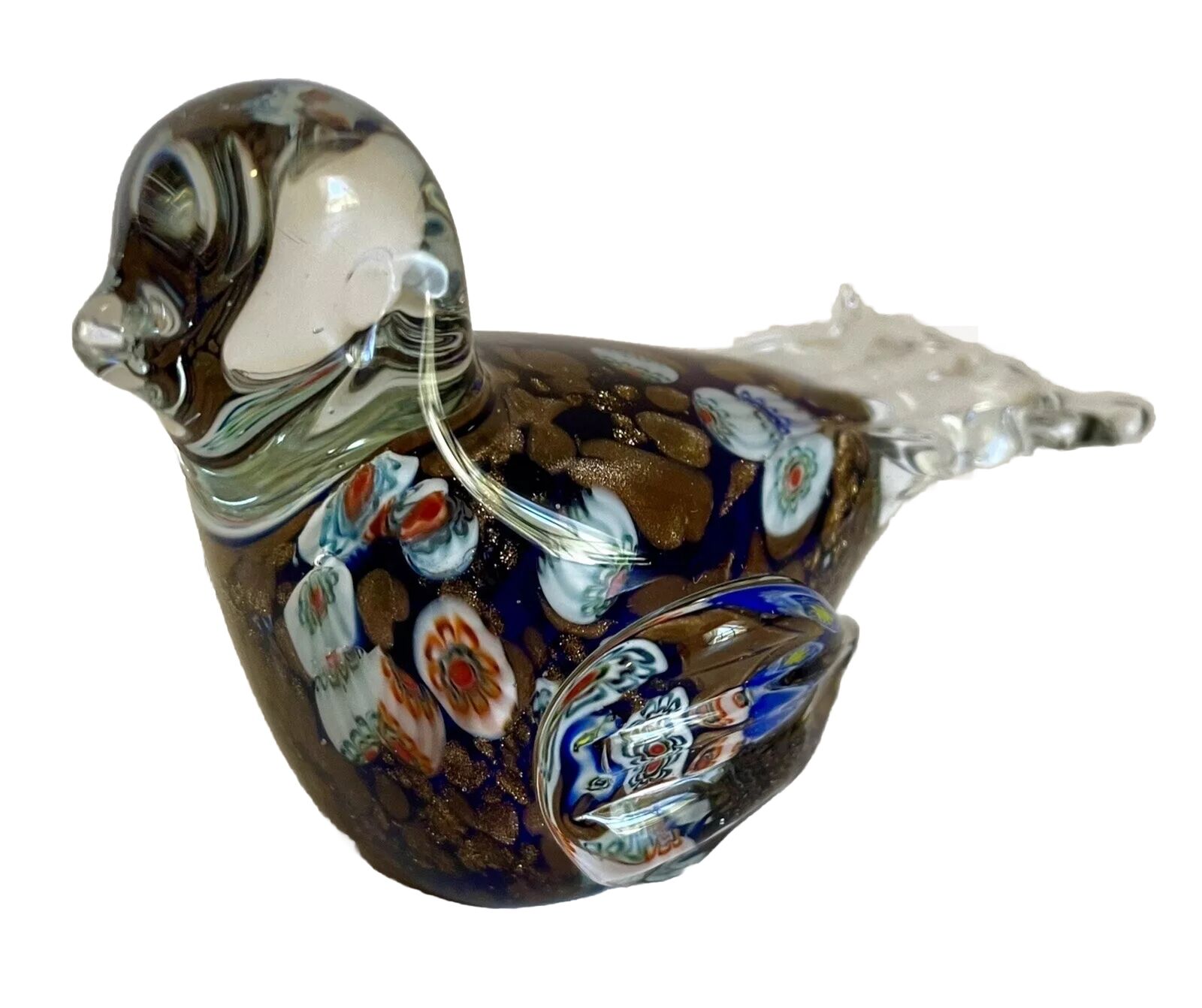 Murano Millefiori Art Glass Bird with Gold Adventurine Flecks