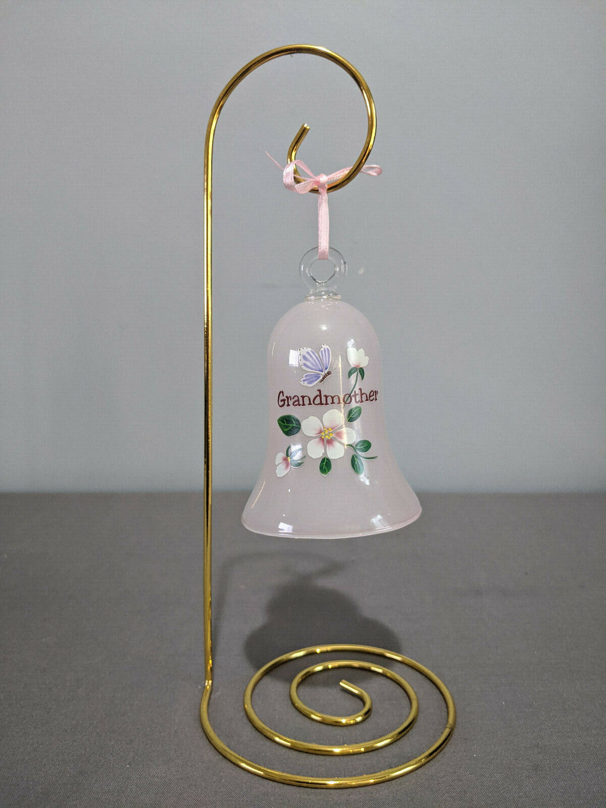 Grandmother Bell Pink Glass With Flowers & Butterfly On Gold Metal Display Stand