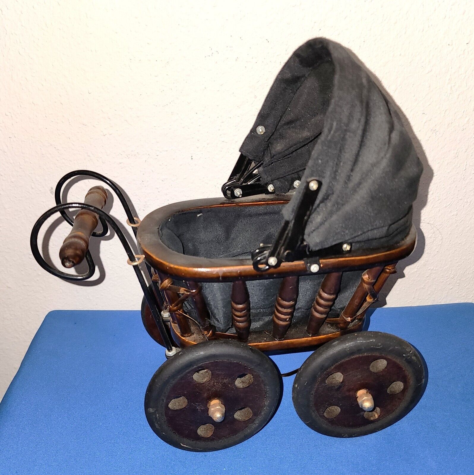 Antique Victorian Baby Doll Stroller Vintage Wicker, Wood, Iron Carriage, Pram