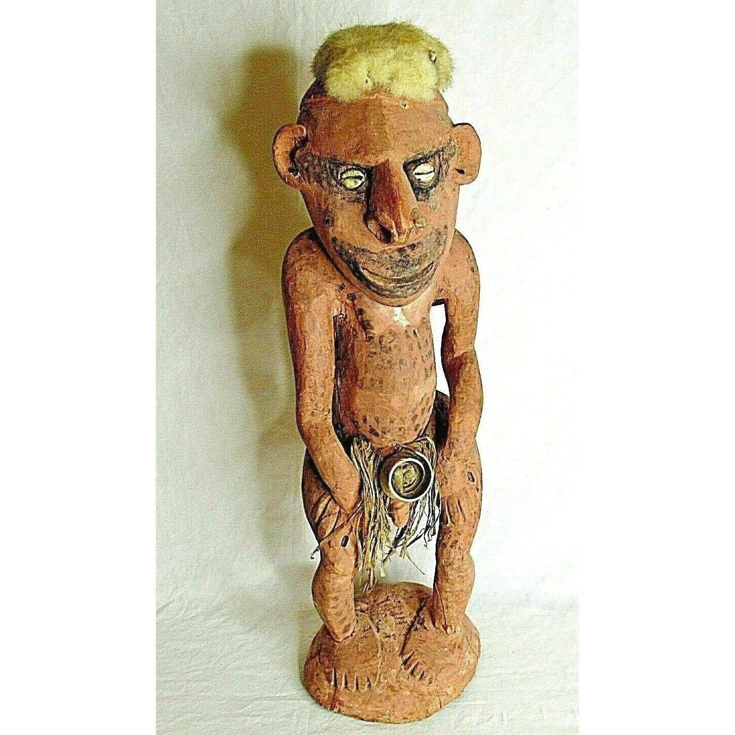 Vintage Nude Male Figure Statue Sepik Papua New Guinea Painted Wood Shell Eyes