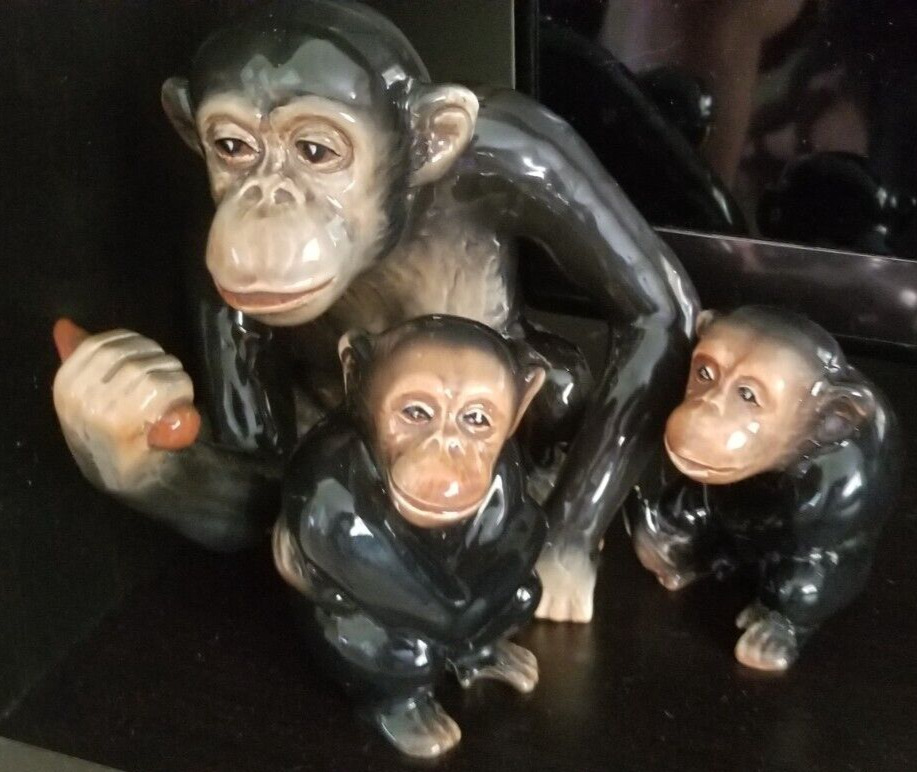 VINTAGE SYLVAC POTTERY - 3  PORCELAIN CHIMPANZEE FIGURINES, One Large-Two Small