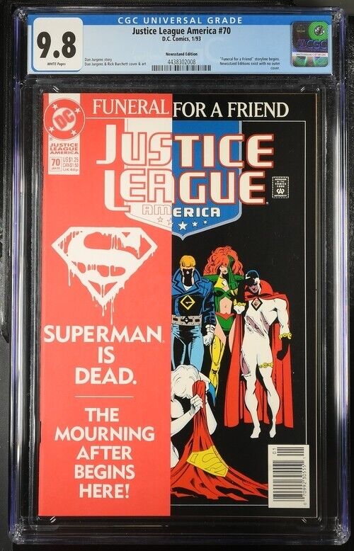 Justice League America #70 CGC 9.8 Newsstand Variant Superman Funeral WP 1993 DC