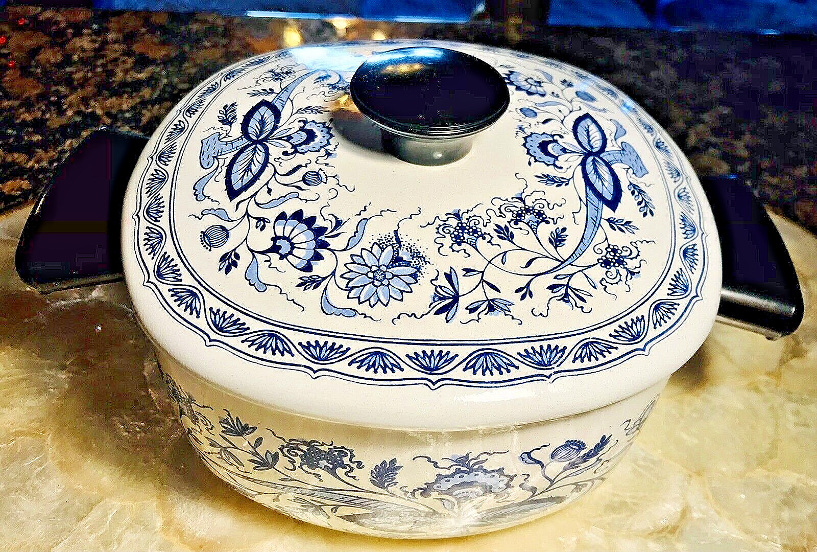 Vintage French Bohemian Onion Pattern Enameled Two Piece Rare Cook Ware Pot