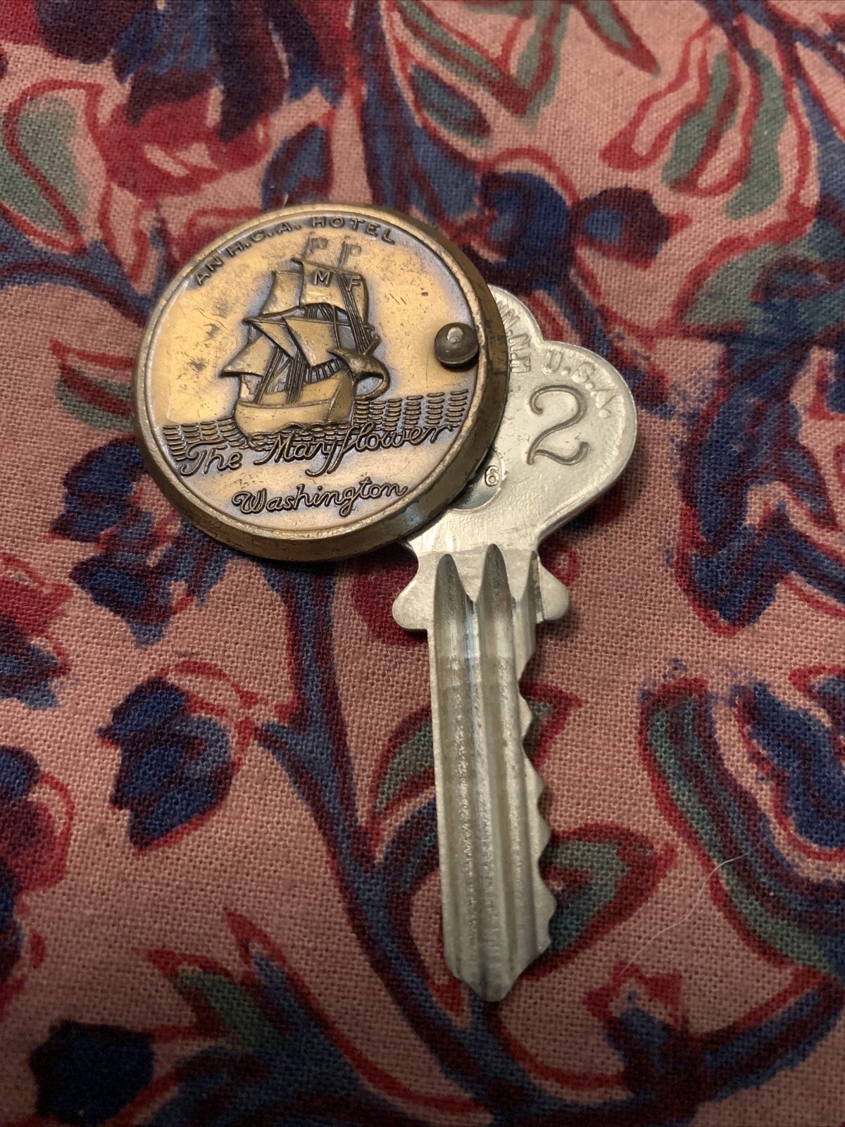 Antique Hotel Key Brass Medallion AN H.C.A HOTEL The Mayflower Washington  602