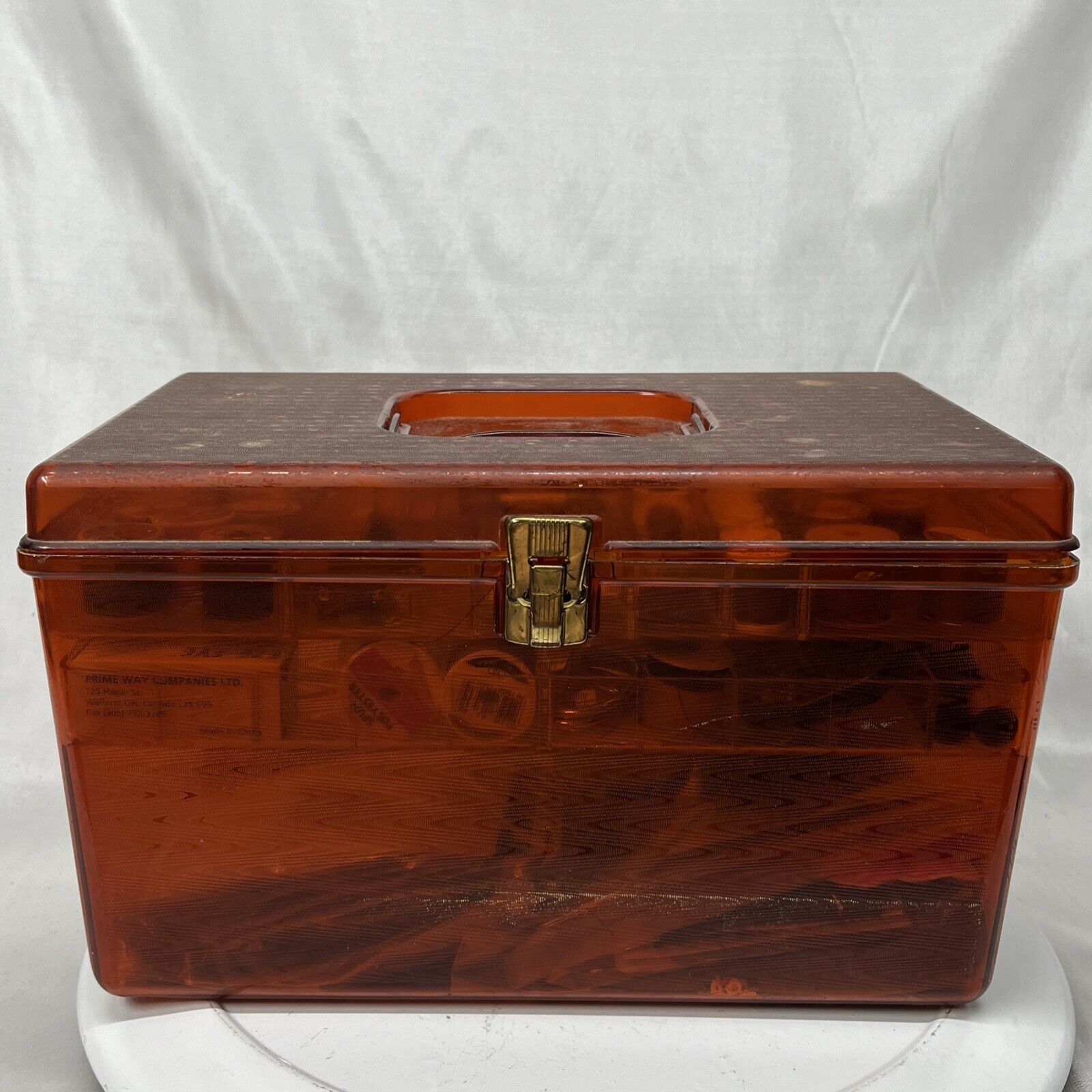 Filled full VTG WIL-HOLD Wilson Plastic Amber Orange Sewing Box/2 Tray Sewing