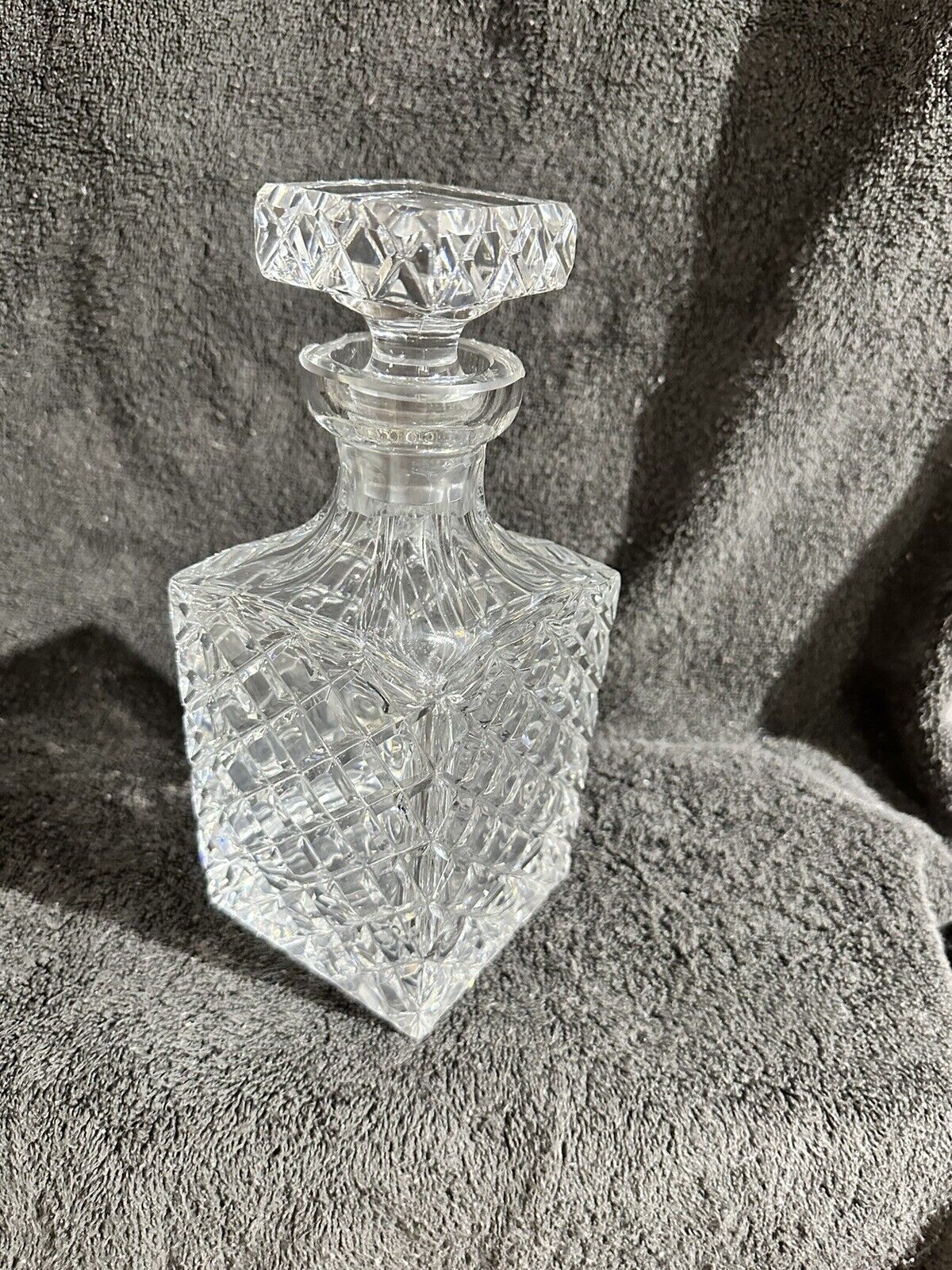 Vtg Heavy Glass Crystal Decanter Square Stopper Liquor Bottle Diamond Pattern