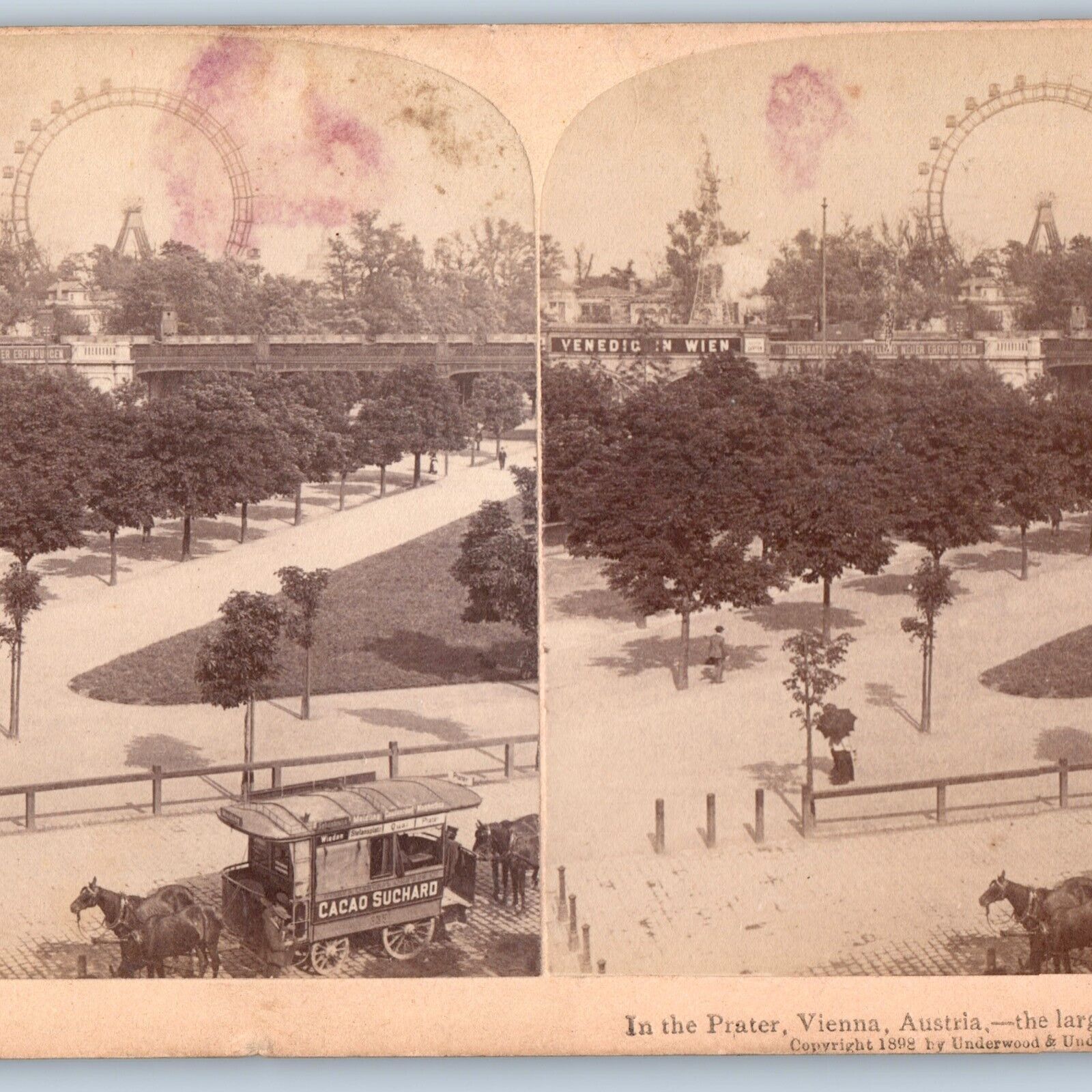 1898 Vienna Austria Prater Park Ferris Wheel Stereoview Photo Cacao Suchard V30