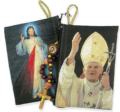 Divine Mercy Pope John Paul II Icon Tapestry Pouch Cross Charm Zipper 5.38 In