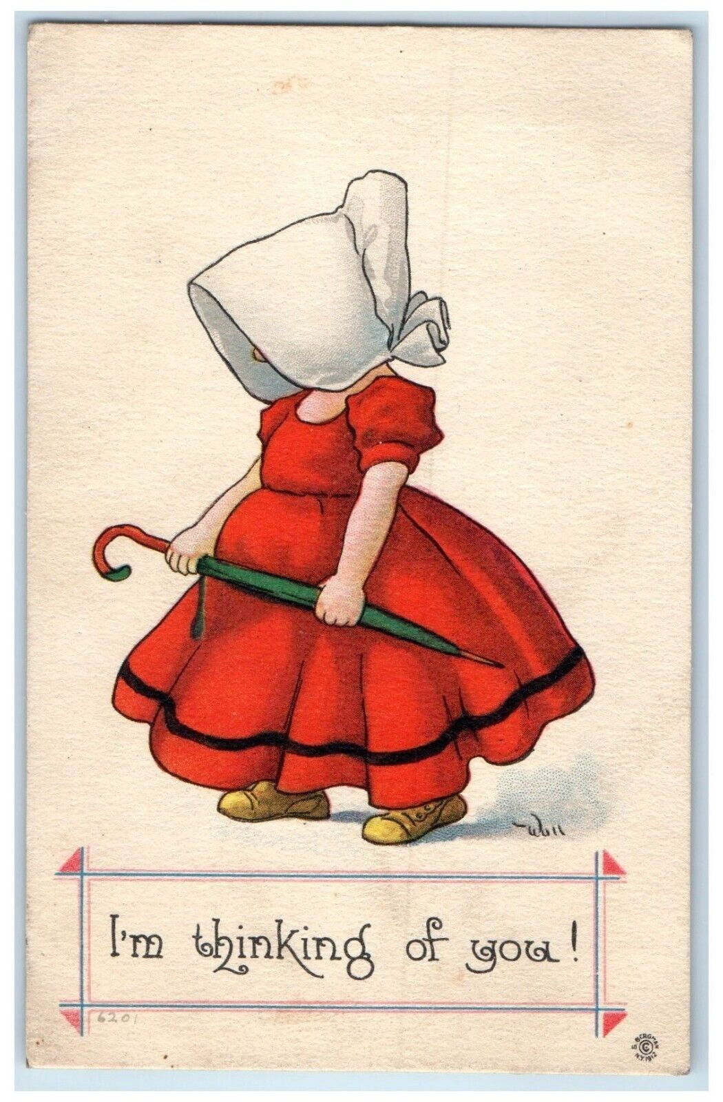 c1910's Little Girl Dress Red Bonnet I'm Thinking Of You Wall Antique Postcard