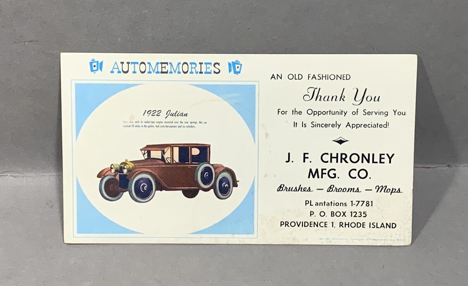Vintage Advertising Ink Blotter~ Automemories 1922 Julian Car ~ Providence, RI
