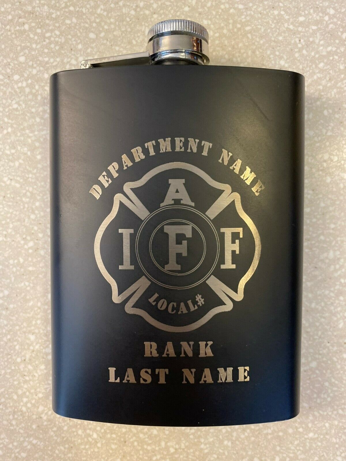 Customized IAFF flask. 8 ounce new with personalized local number, name and rank