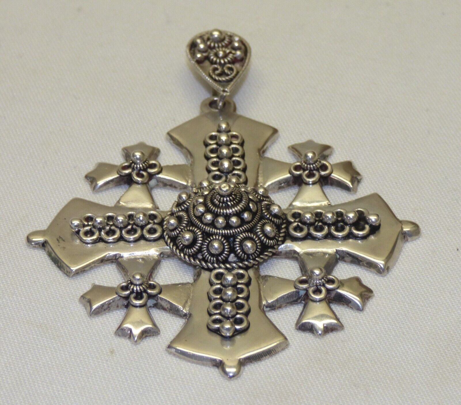 Large 900 Silver Jerusalem Crusader Cross Pendant w/ Filigree Work Vtg Maltese