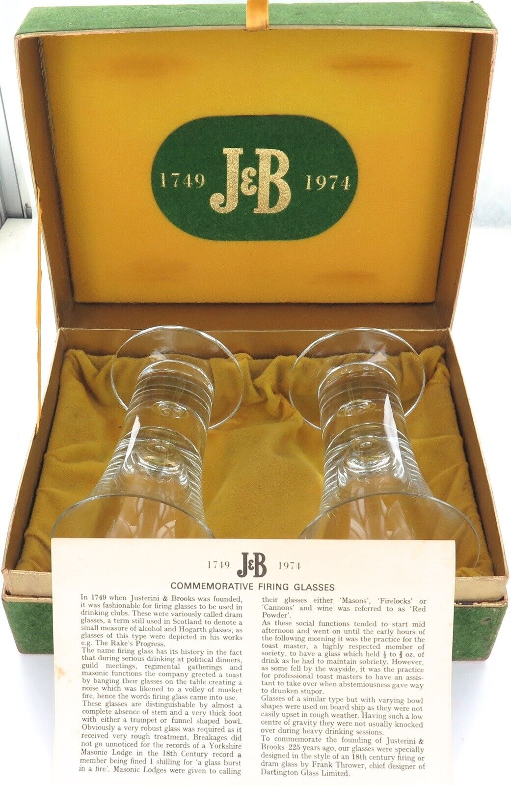 .RARE 1974 J&B 225TH ANNIVERSARY COMMEMORATIVE GLASS SET + BOX + INFO SHEET.