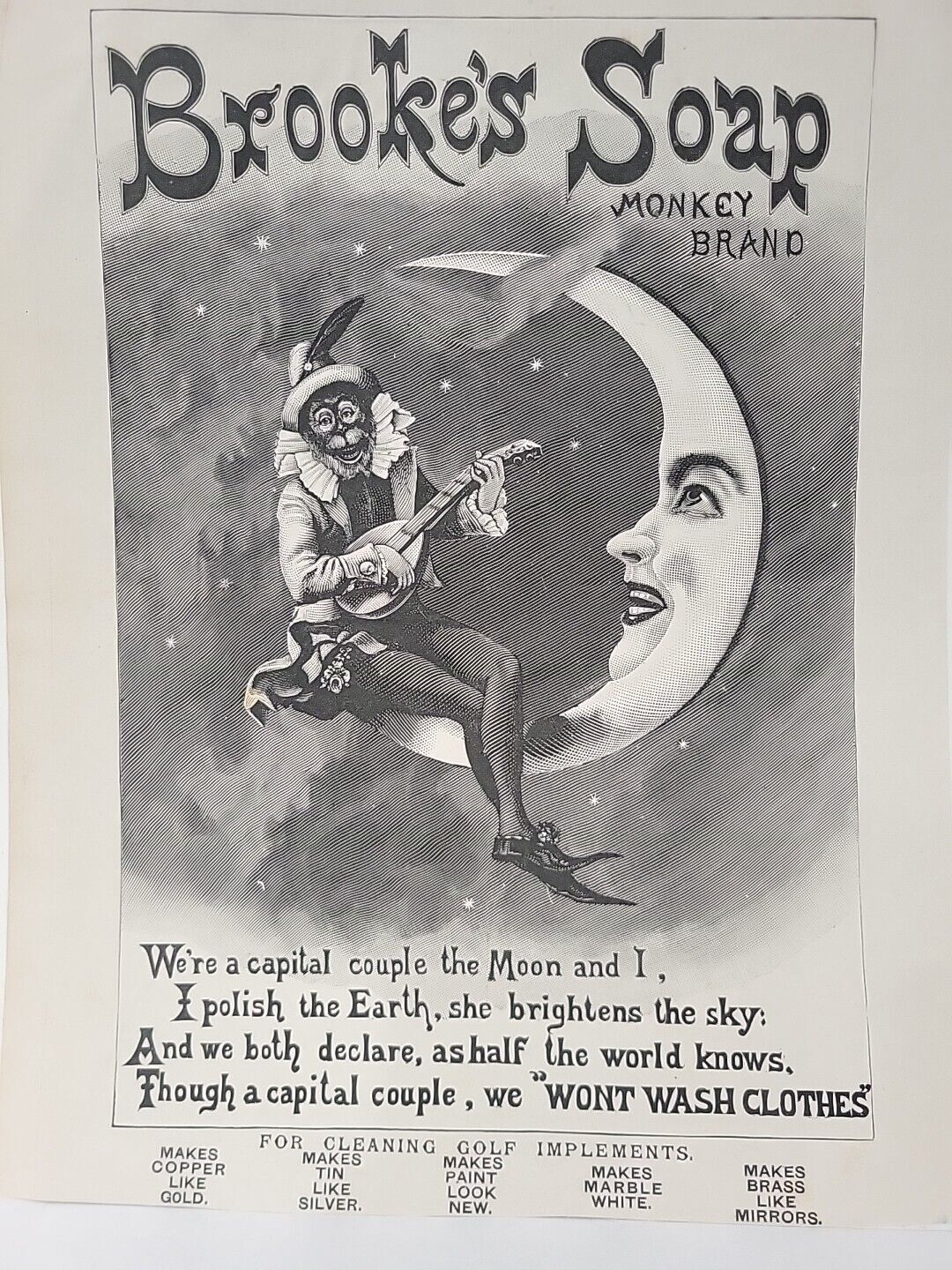 1891 Brooke's Soap Monkey Brand  Print Ad The Graphic Smiling Moon Minstrel Star