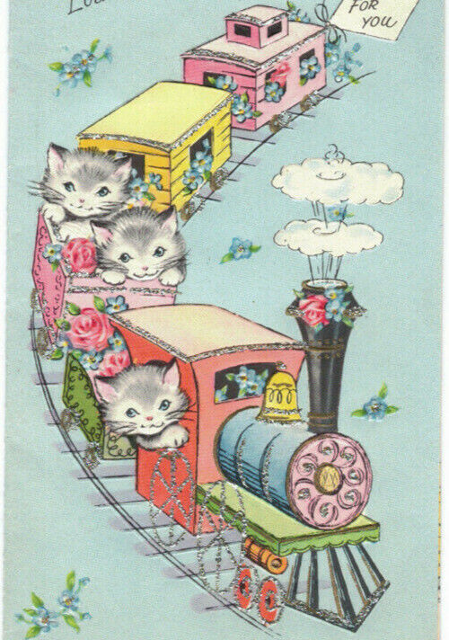1950\'s Gray Kittens Riding Train Glitter Embossed Cute Vintage Greeting Card