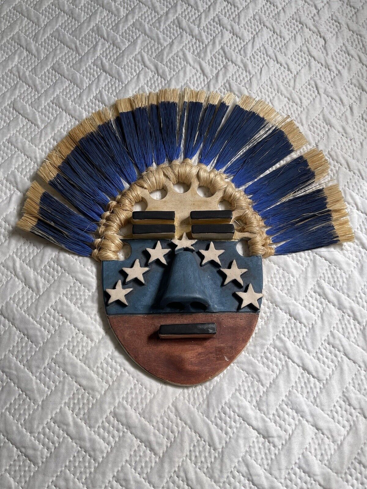 clay mask Venezuelan  artist SAUL Red White Blue  Handmade