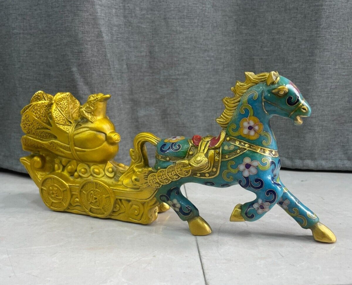 Noble copper Cloisonne enamel Horses pull cabbage Gold ingot wealth gilt statue