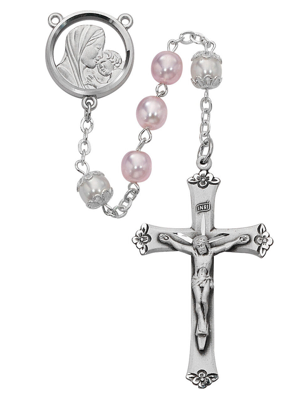 Pink Pearl Bead Rosary Sterling Silver Holy Center And INRI Crucifix 7mm Beads