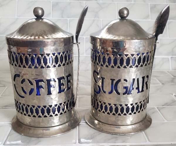 Vintage 1960s Leonard England Coffee & Sugar Hammered Silver Canisters With Spoo