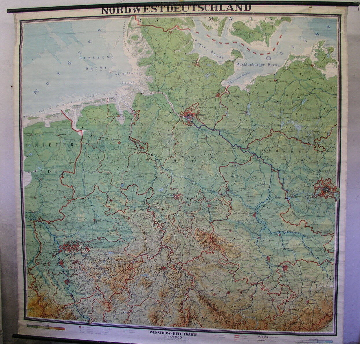 Schulwandkarte Wall Map North Sea Hamburg Baltic Berlin 225x227 Card ~ 1952