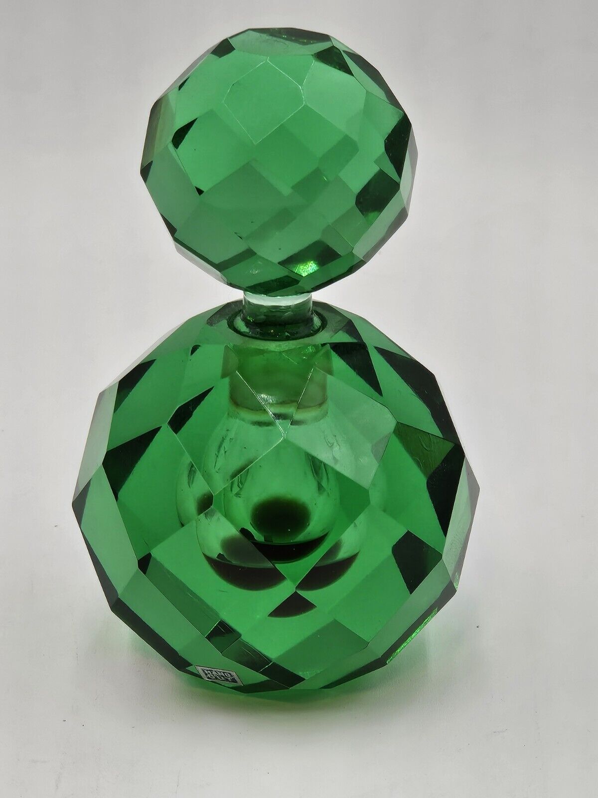 VINTAGE IRICE GREEN CRYSTAL PRISM GLASS PERFUME BOTTLE WITH STICKER 1950s MCM