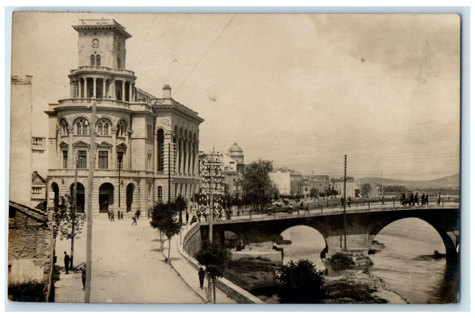 Skopje Macedonia RPPC Photo Postcard Bridge Over River Building 1934 Posted
