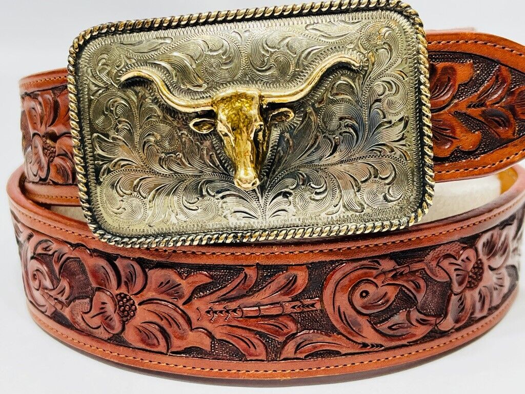 Ralph Lauren Tooled Leather Western Belt Size 34 Steer Head Buckle Hand Engraved
