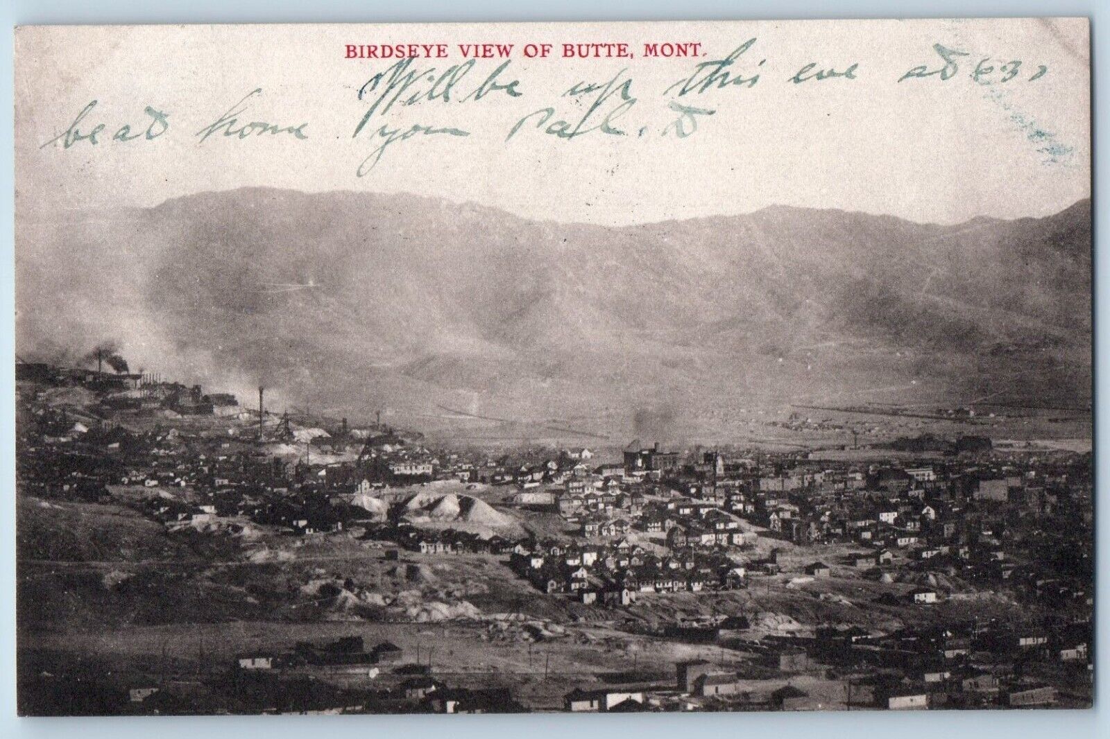 Butte Montana MT Postcard Bird's Eye View Mountain Building Houses 1906 Antique