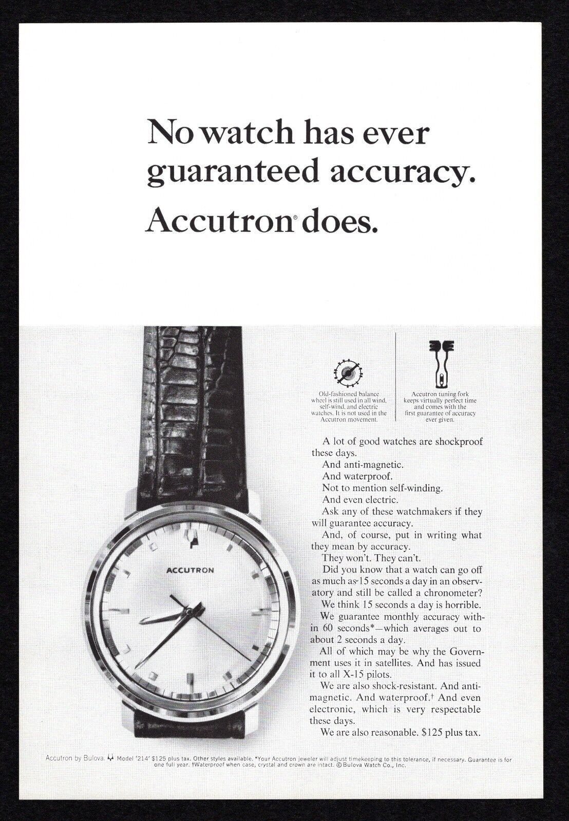 1964 Bulova Accutron Watch Guaranteed Accuracy 2 Second/Day Tuning Fork Print Ad