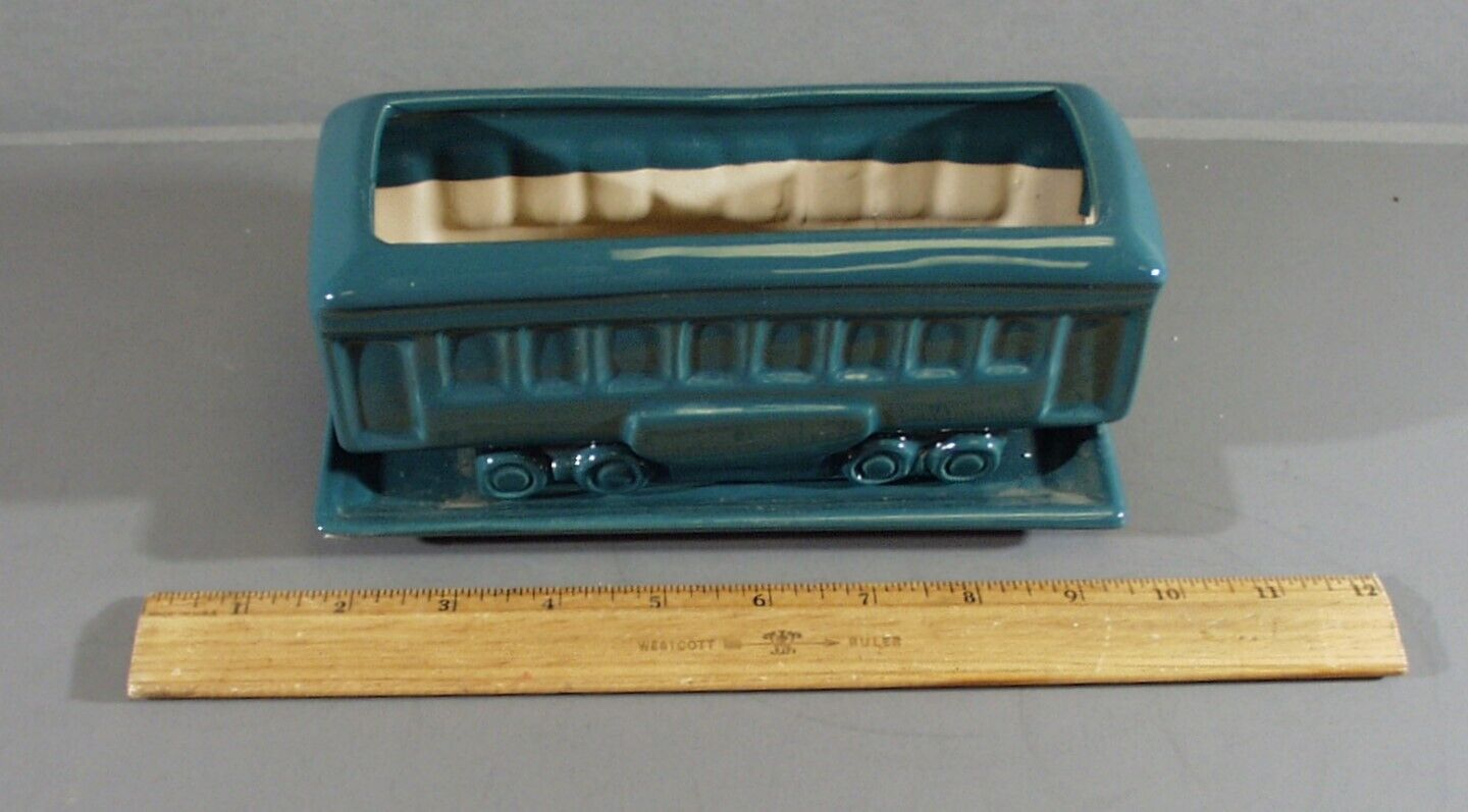 GREEN POTTERY PASSENGER TRAIN CAR PLANTER WITH ATTACHED TRAY BASE