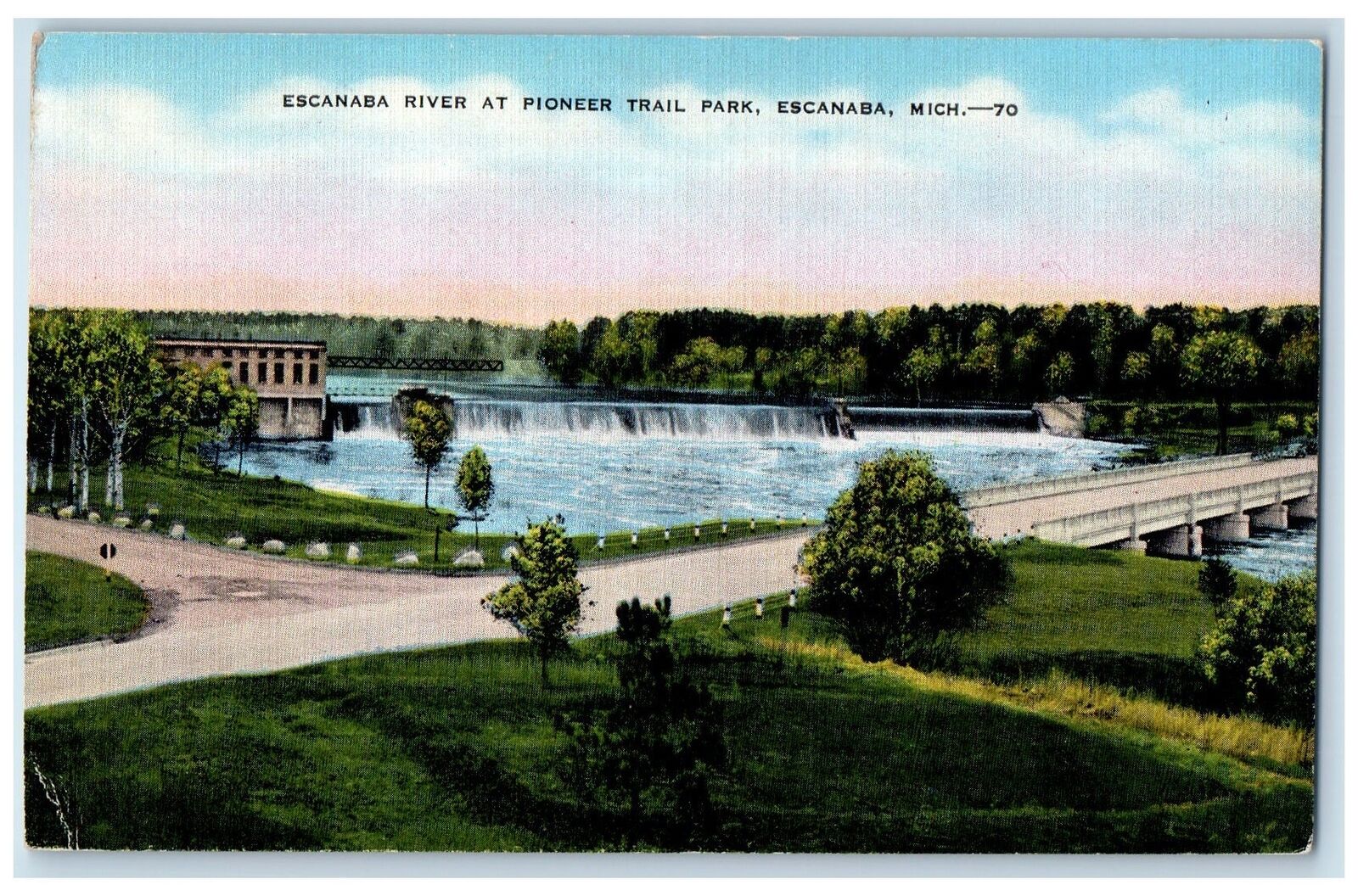 c1940s Escanaba River At Pioneer Trail Park Escanaba Michigan MI Trees Postcard