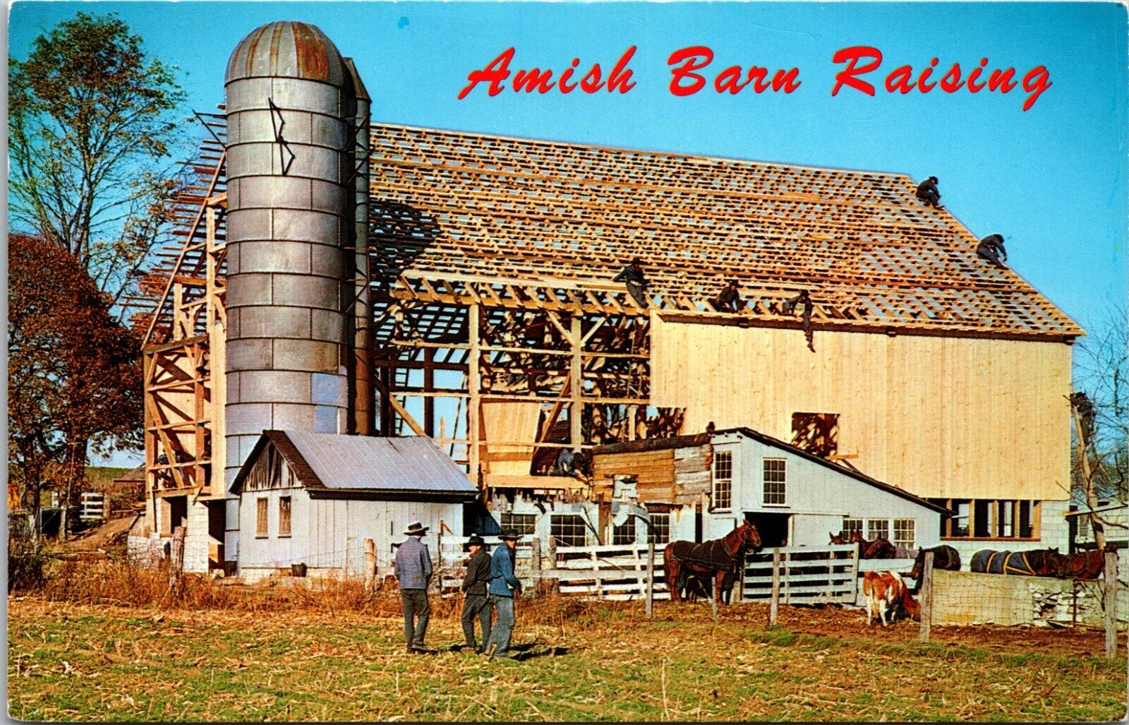 Amish Barn Raising Lancaster Pennsylvania PA Postcard L2