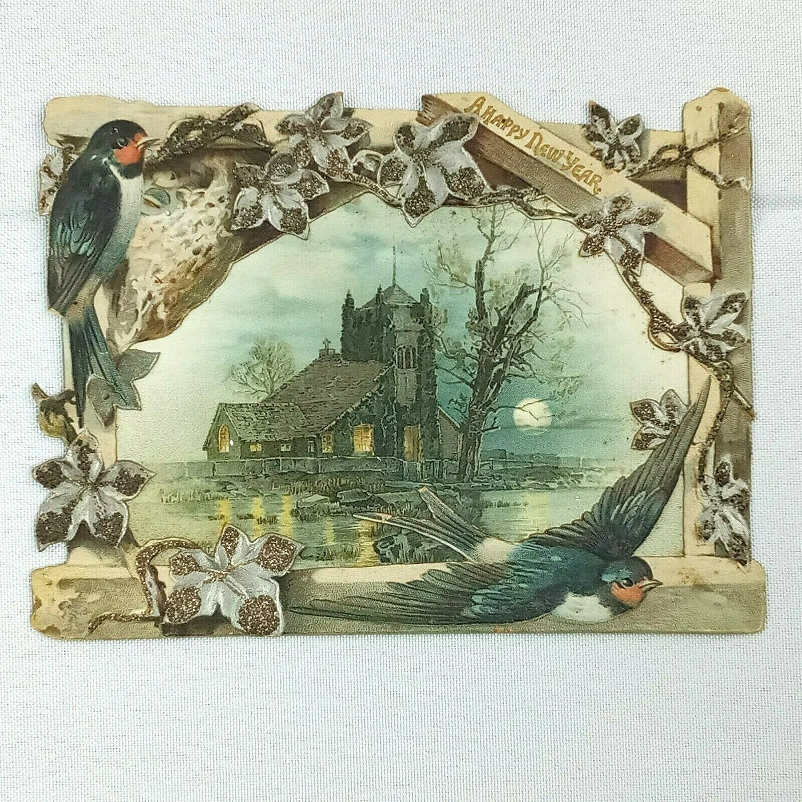 Vintage Victorian Happy New Years Card Bird Frame Overlay Detailed