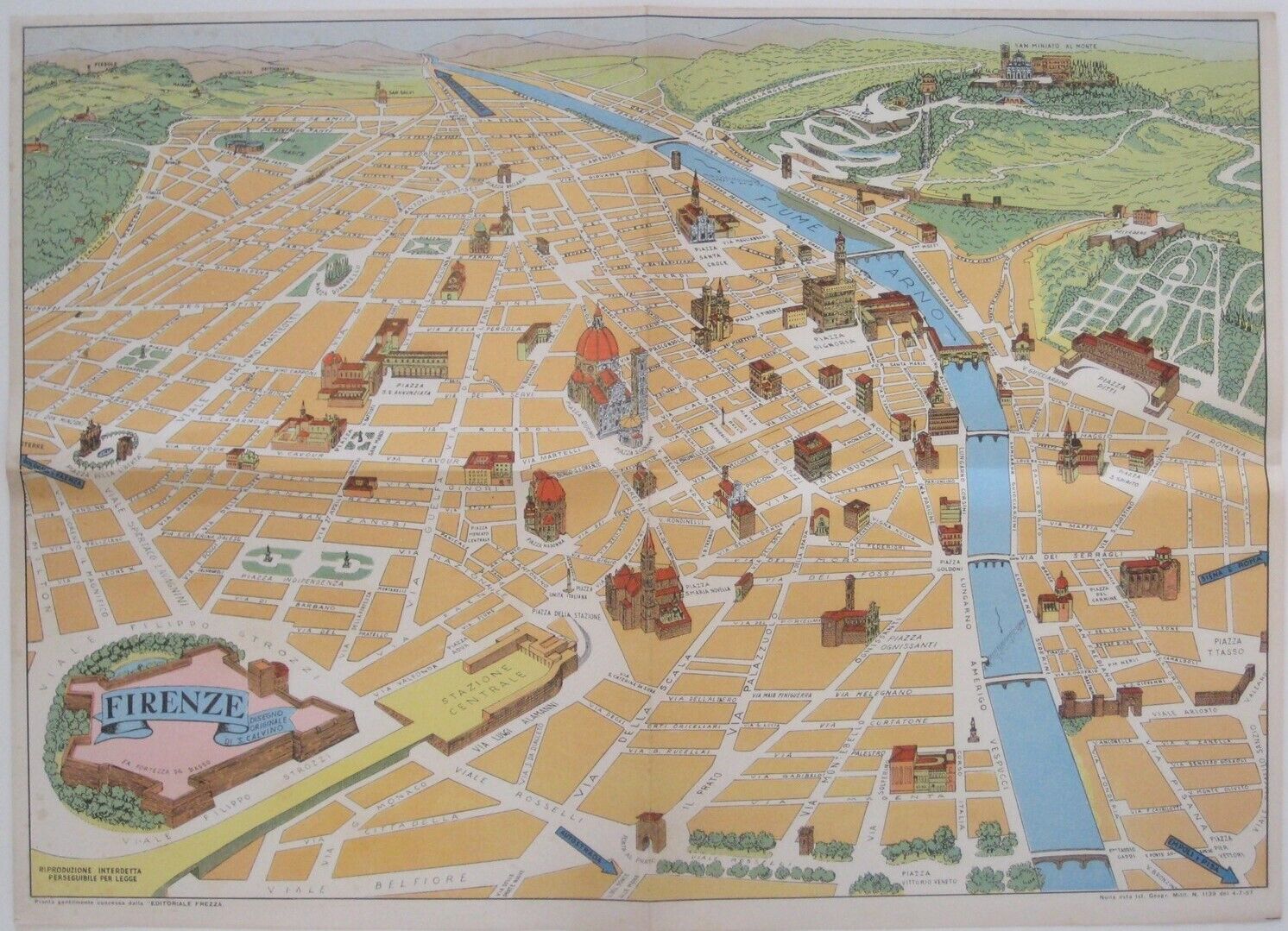 1957 Colorful Pictorial Bird's-Eye-View Map FIRENZE FLORENCE Italy by S. Calvino