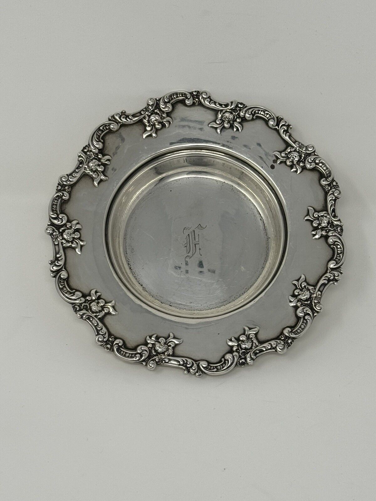 Antique Monogram F Sterling Silver Raised Rim Plate Shallow Dish Tray 5.5”