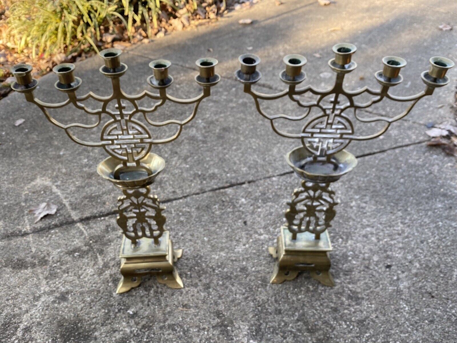 Extremely Rare Vintage Pair Chinese Brass Double Happiness Wedding Candlesticks