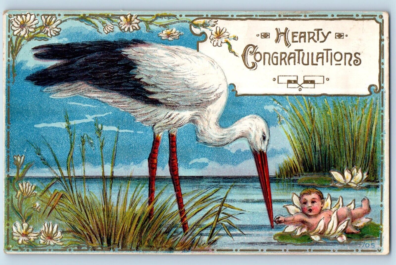 Congratulations Postcard Stork And Baby Flowers Embossed c1910's Antique