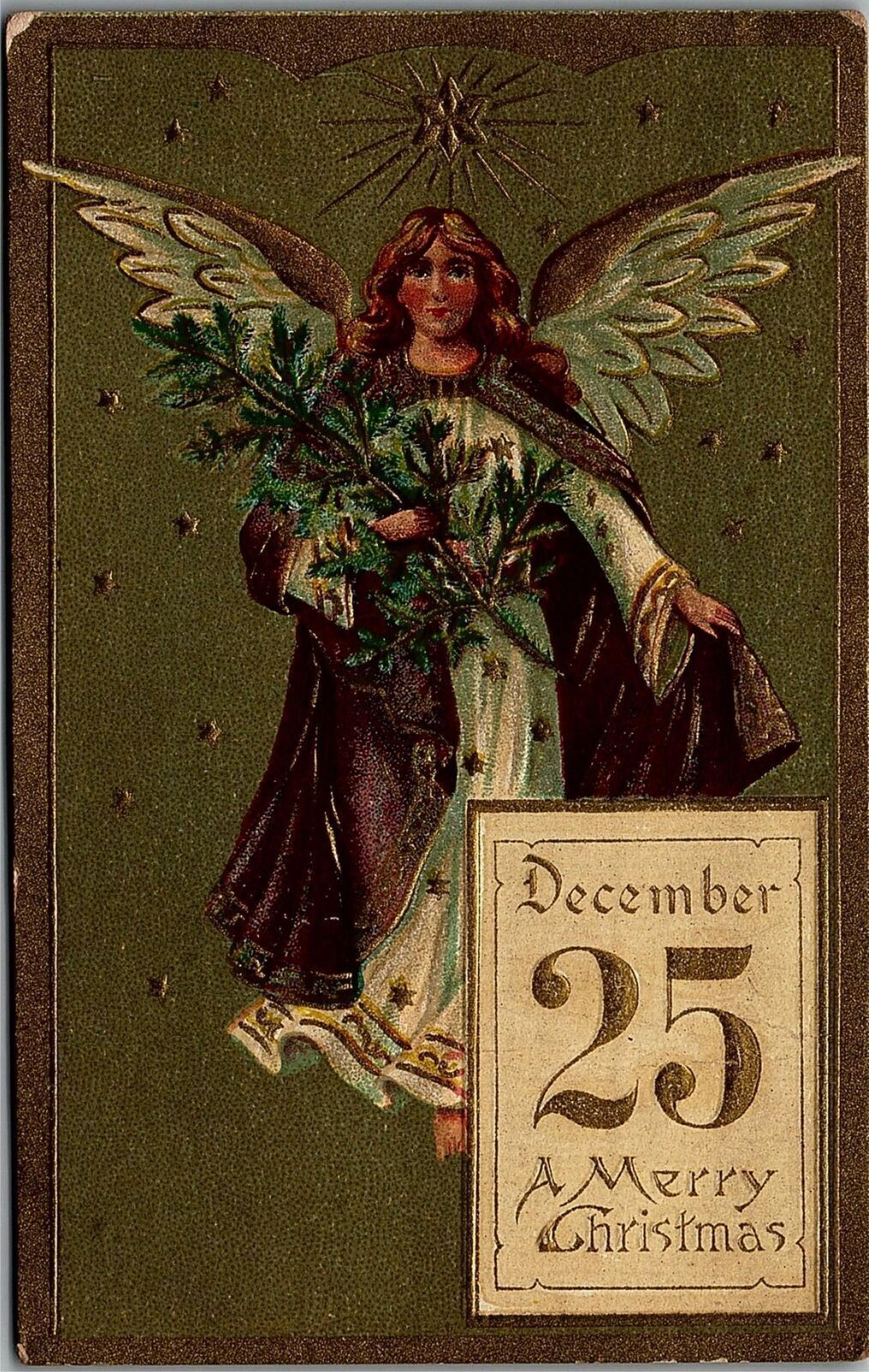 c1910 MERRY CHRISTMAS GOLDEN ANGEL DECEMBER 25 EMBOSSED POSTCARD 39-110