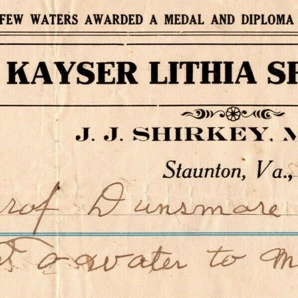 1906 Scarce Kayser Lithia Water Co. Billhead Letterhead Staunton, VA  JJ Shirkey