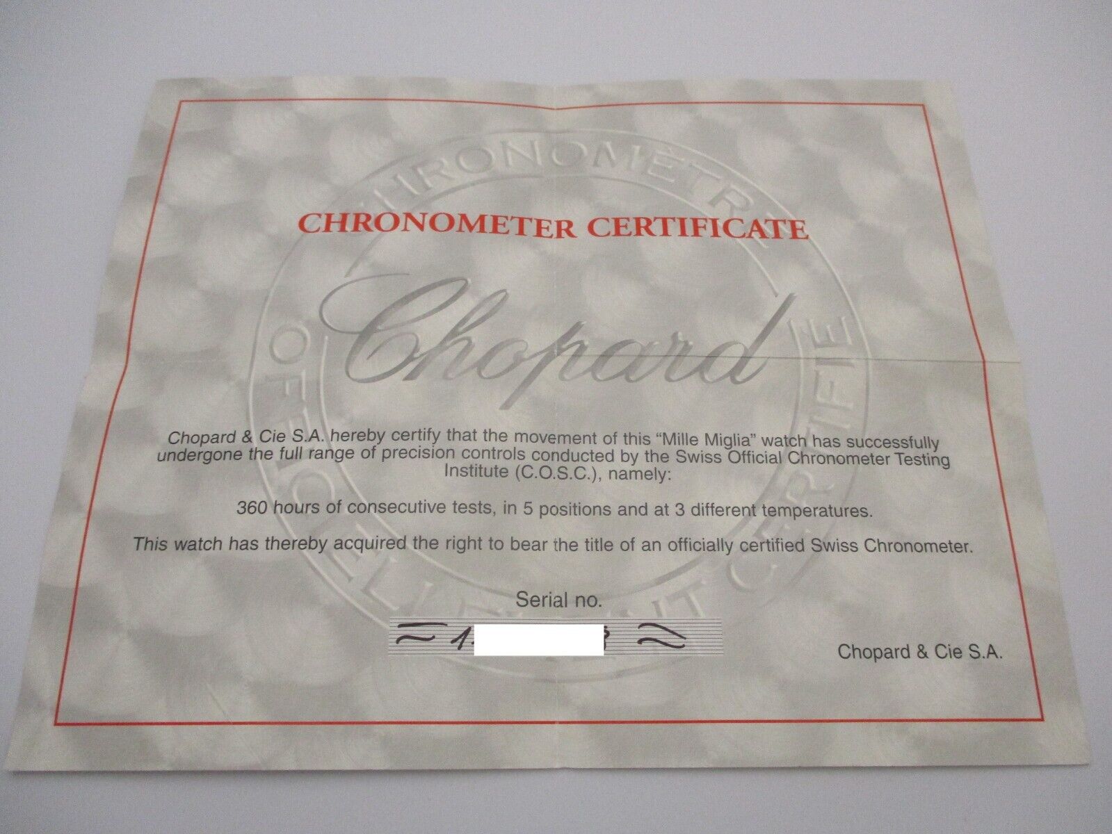Genuine CHOPARD 1000 MIGLIA Chopard 1k Miglia Chronometer Watch Certificate