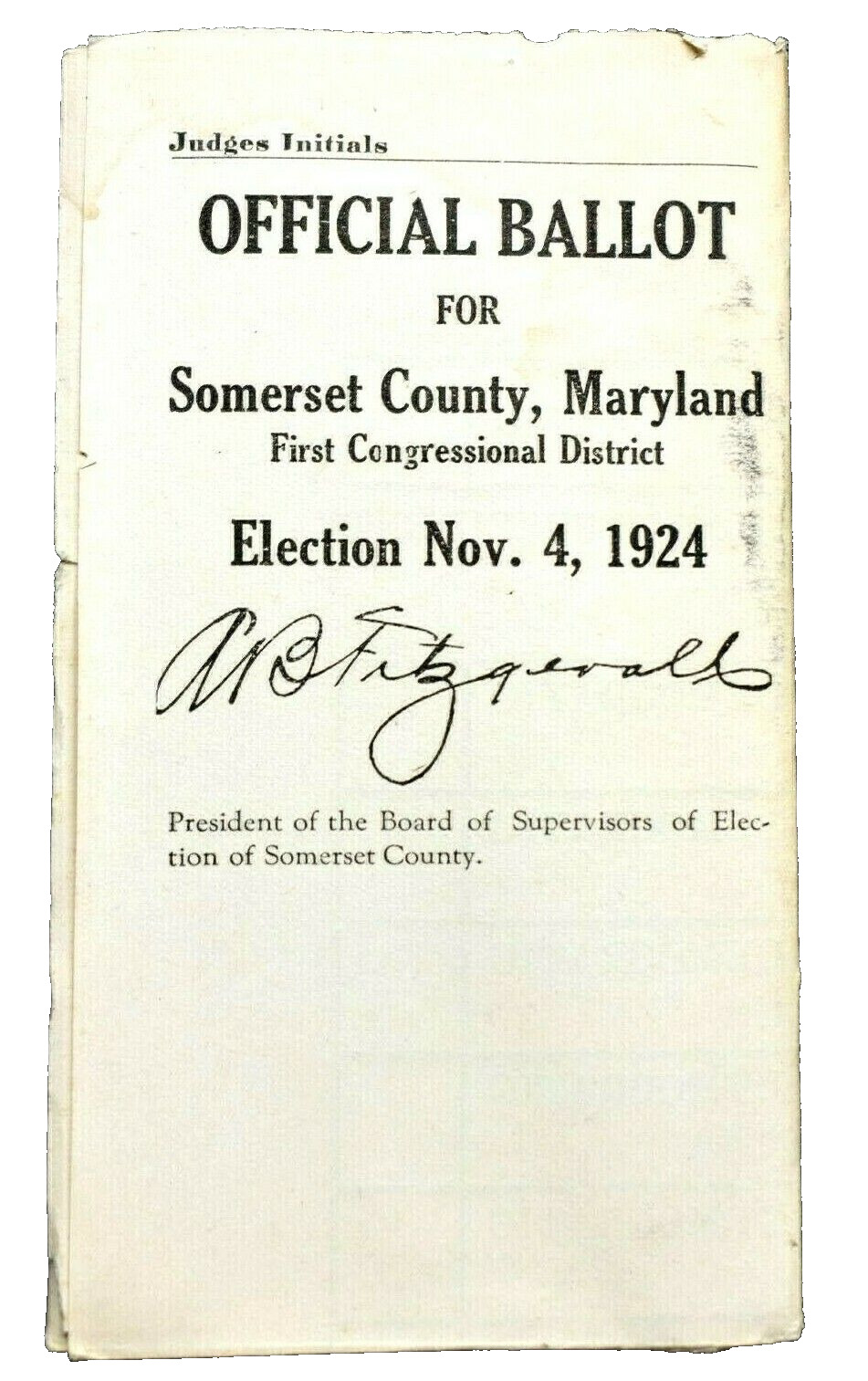 1924 SOMERSET Co. MARYLAND Paper Election Ballot UNUSED OFFICIAL USA PRESIDENT 
