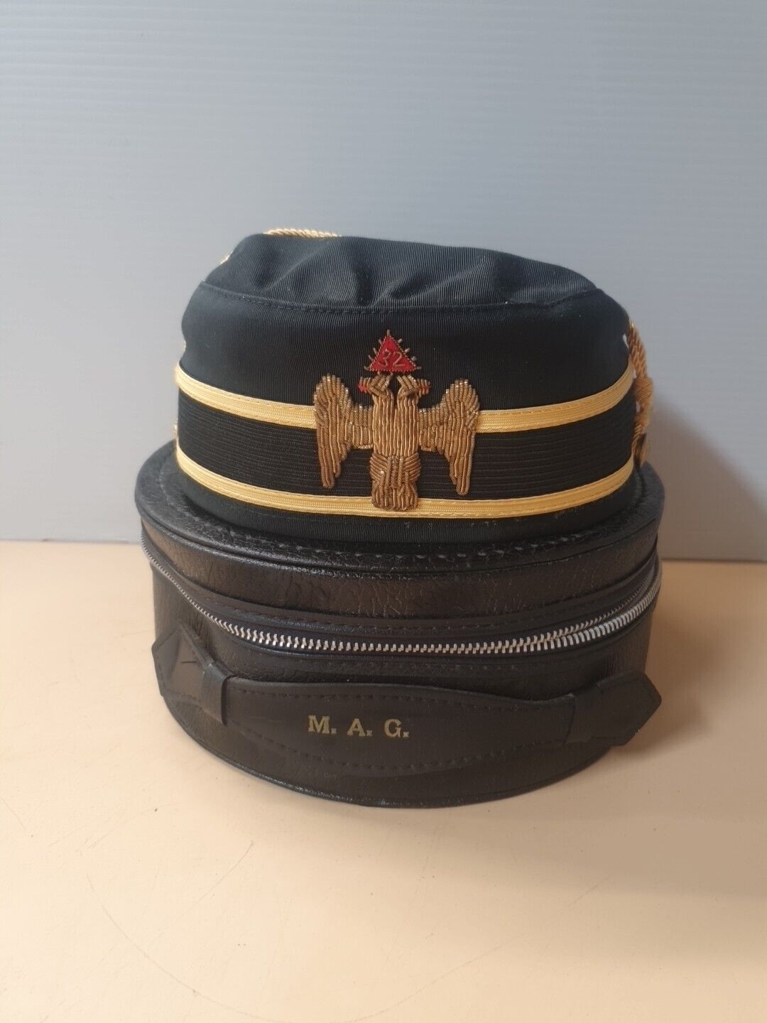 Vintage 32nd Degree Freemason Dbl Eagle Masonic Scottish Rite Hat with Case 