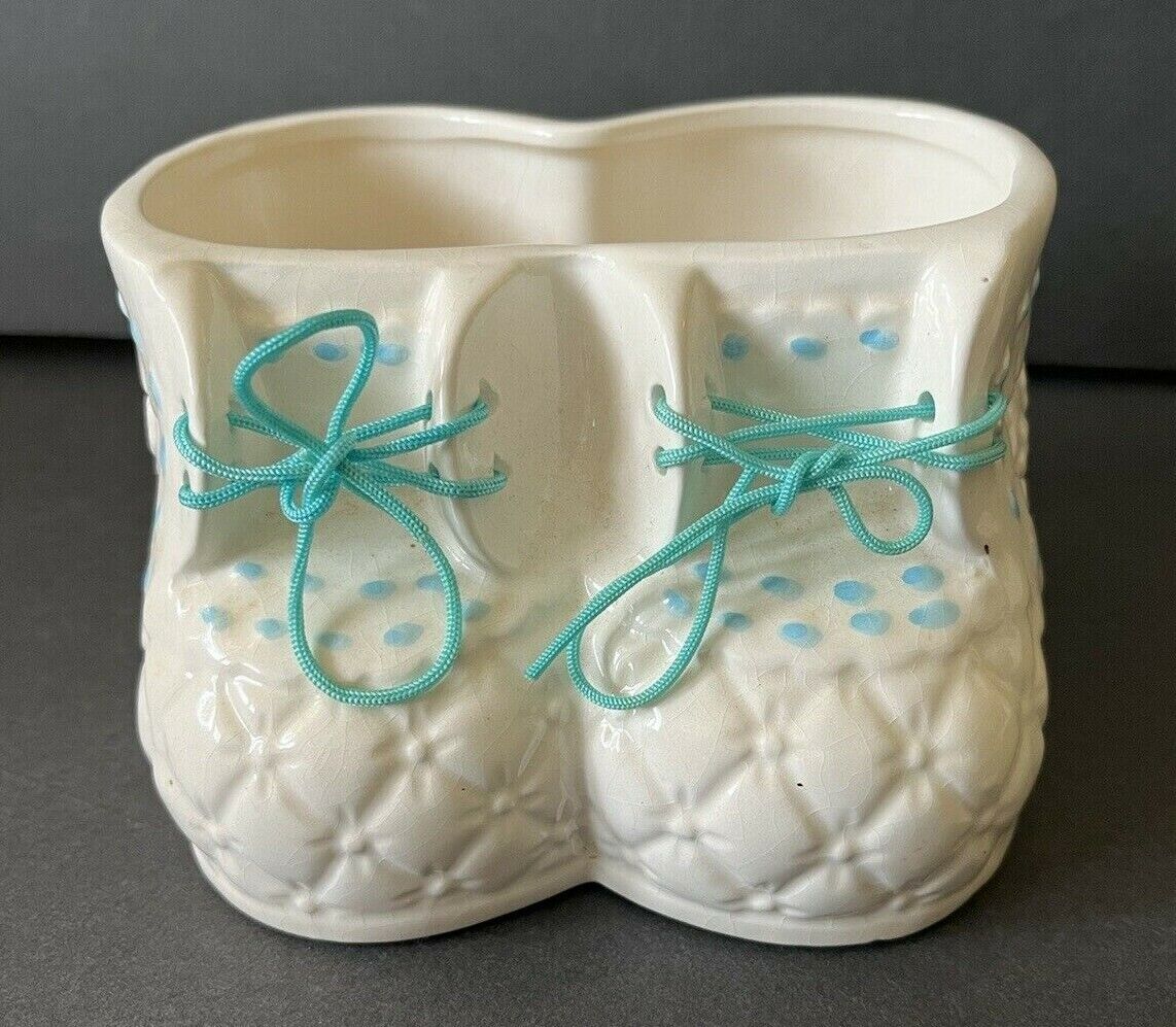 Baby Boy Booties Ceramic Planter Vase Shoe Nursery Laces Retro Quilted Vintage