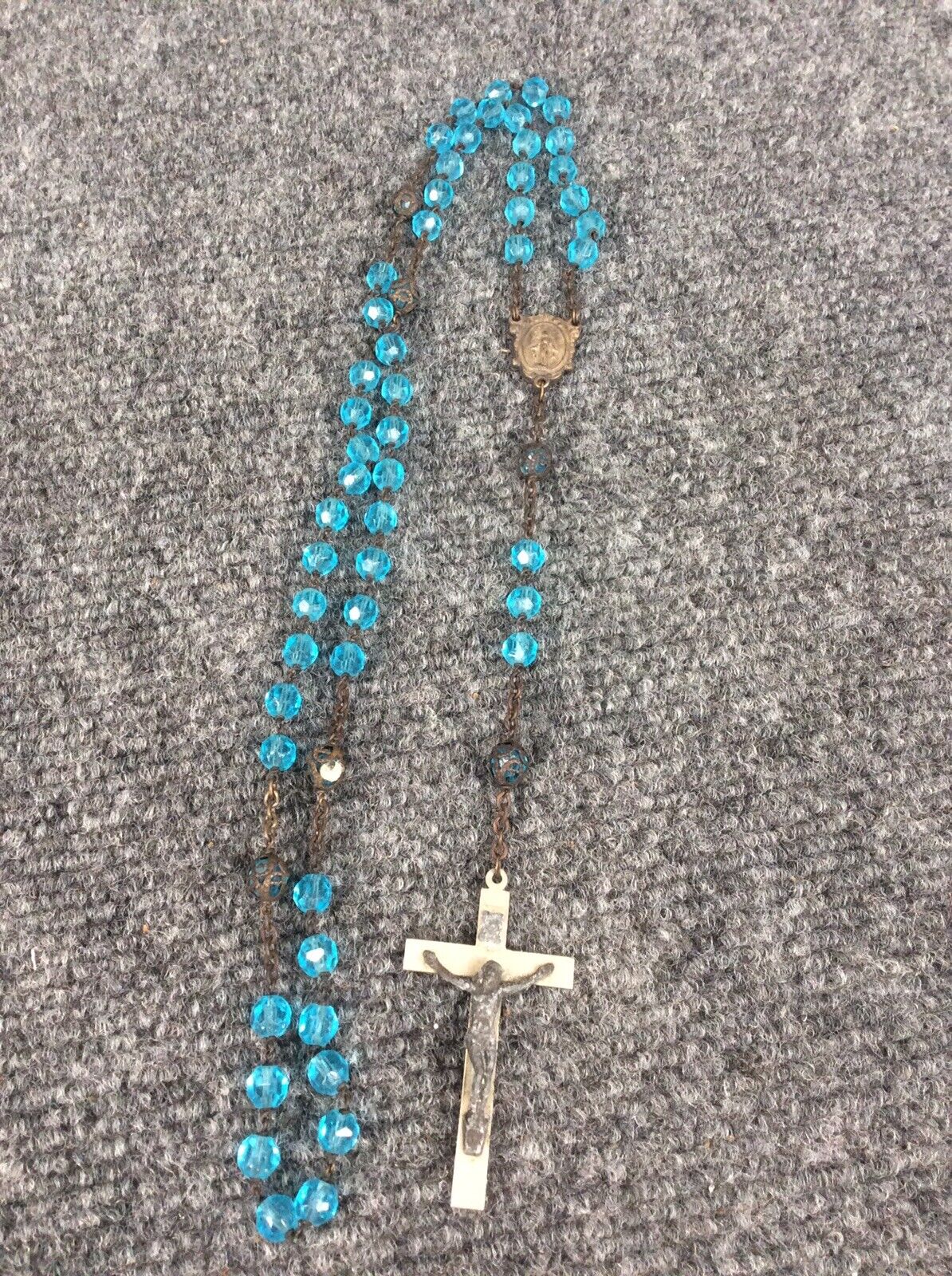 Antique vtg Italy blue crystal silverplate cross rosary 