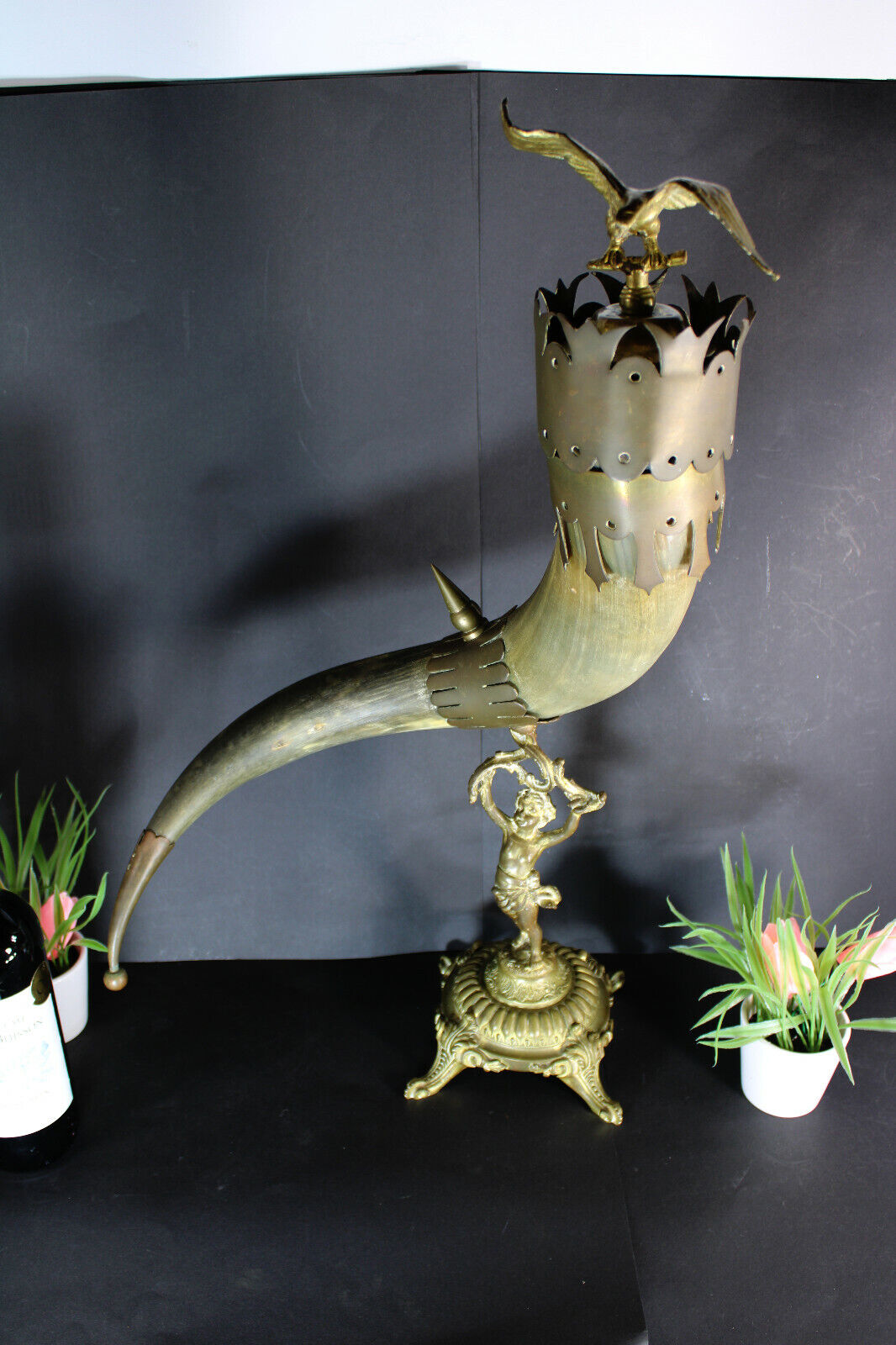 Antique French XL Cornucopia horn bronze putti figurine statue eagle 