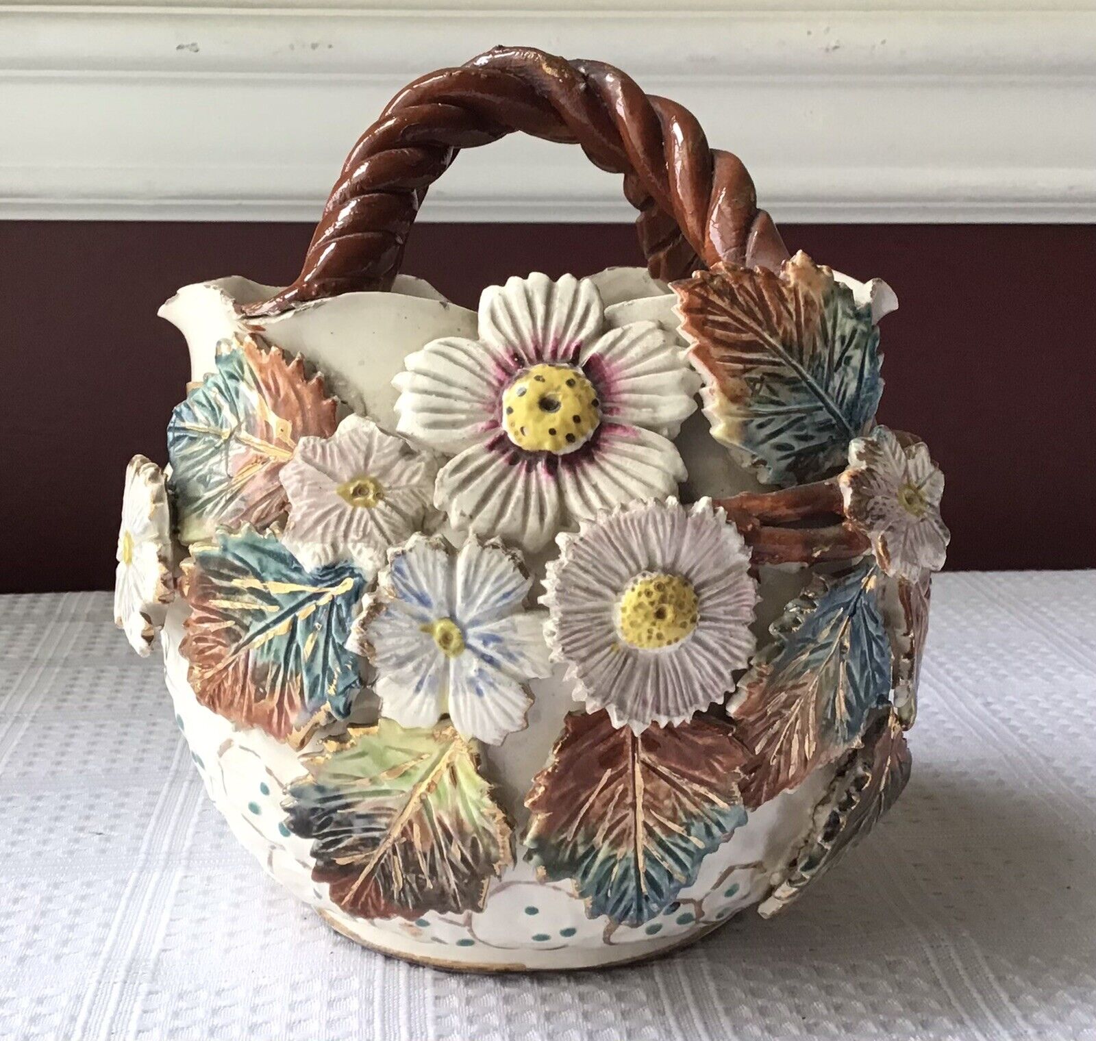 Vintage/Antique Ceramic Flower Bowl/ Basket With 3D Flowers Made in England