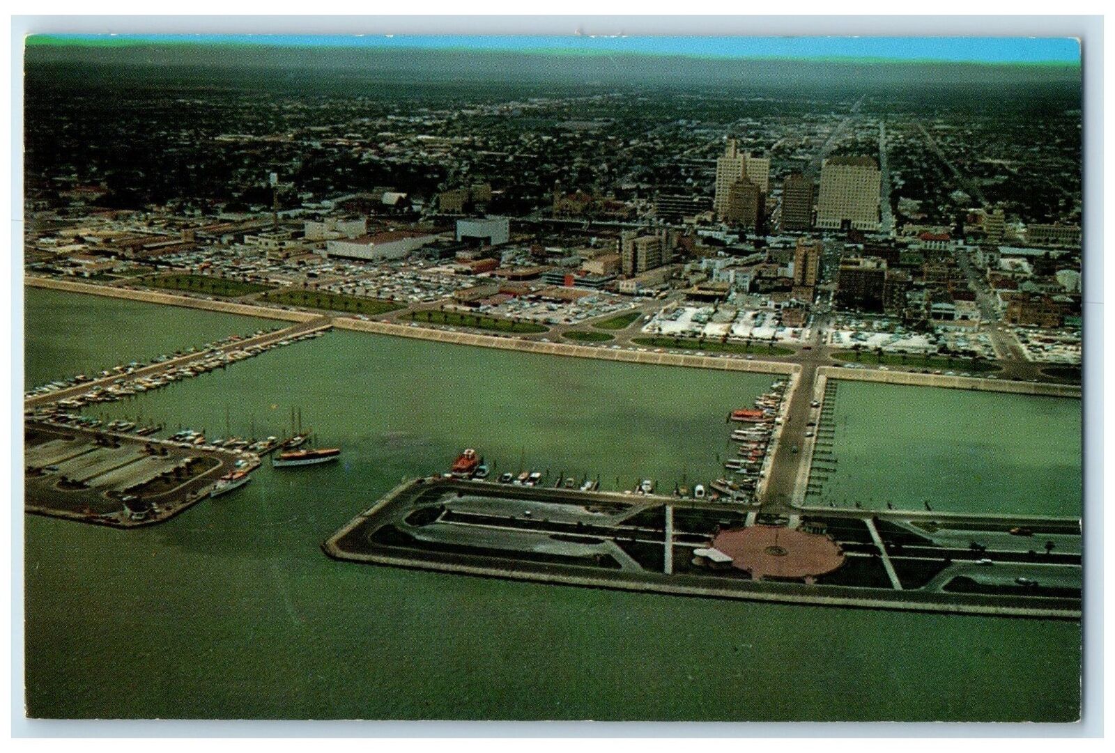 c1950 Aerial View T-Head Boat Basin Sea Wall Downtown Corpus Christi TX Postcard