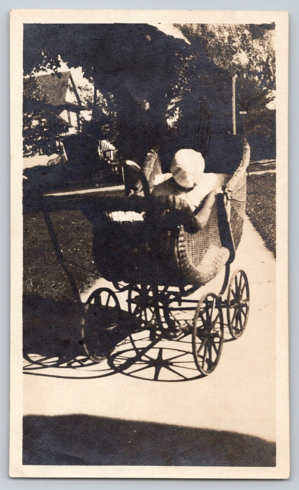 Antique Photo Unusual Faceless Baby In Stroller Carriage Buggy Odd Strange 1919