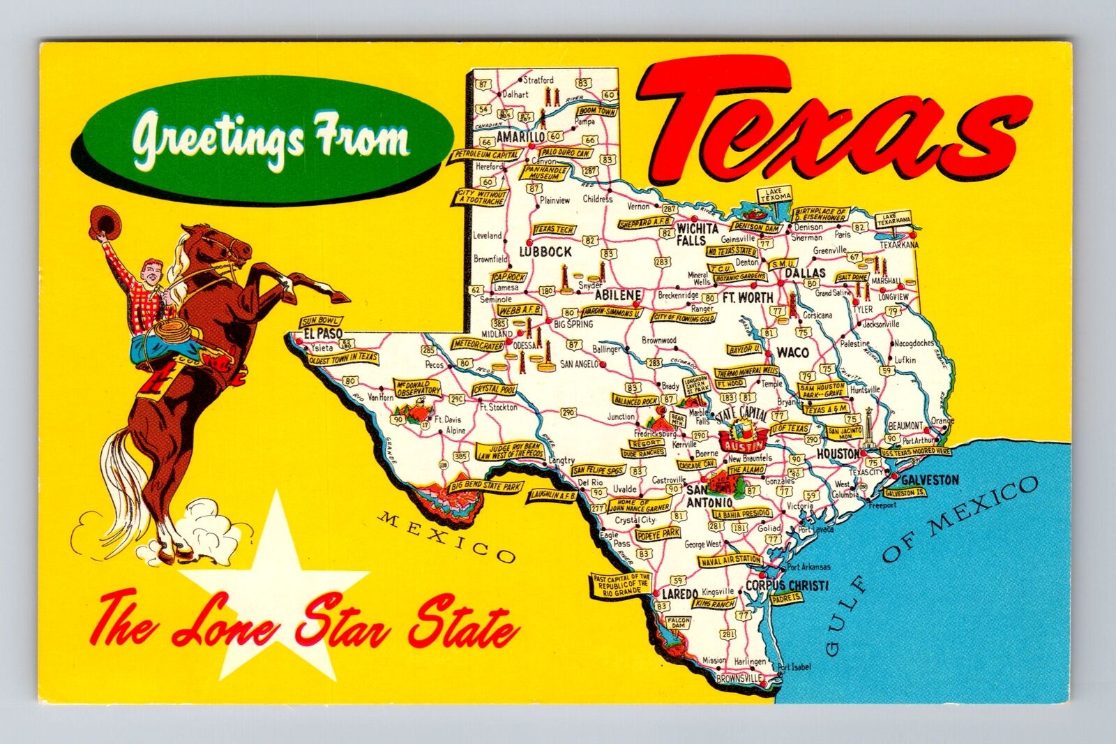 TX-Texas, General Greetings, State Road Map, Vintage Postcard
