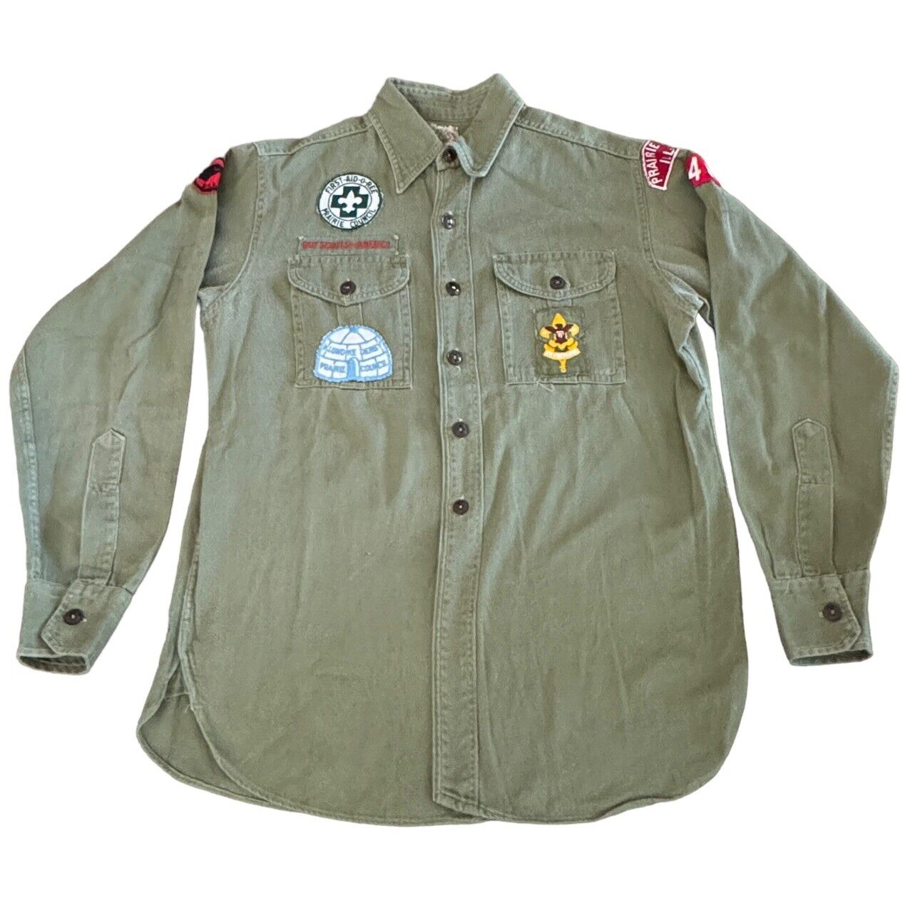 Vtg 50s Boy Scouts Of America BSA Uniform Shirt Prairie Council Illinois Green